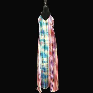 ASKARI Maxi Dress MED Rainbow Long A Line Swing Backless T Back Halter Sexy NICE